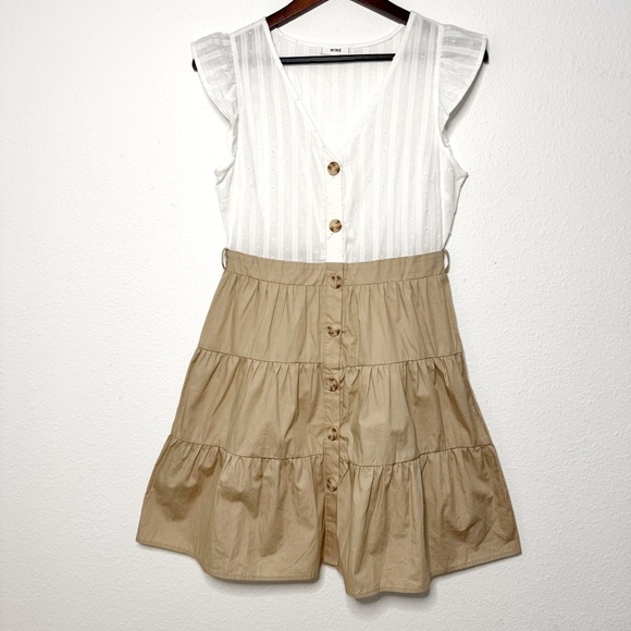 Mine flutter cap Sleeve Button Down White Tan Mini Dress Size Small - Picture 2 of 9